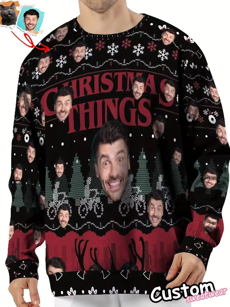 Custom Photo Ugly Christmas Sweatshirt 3D Print Giraffe Xmas Tree Crewneck Pullover sweater Personalized Face Christmas Gift