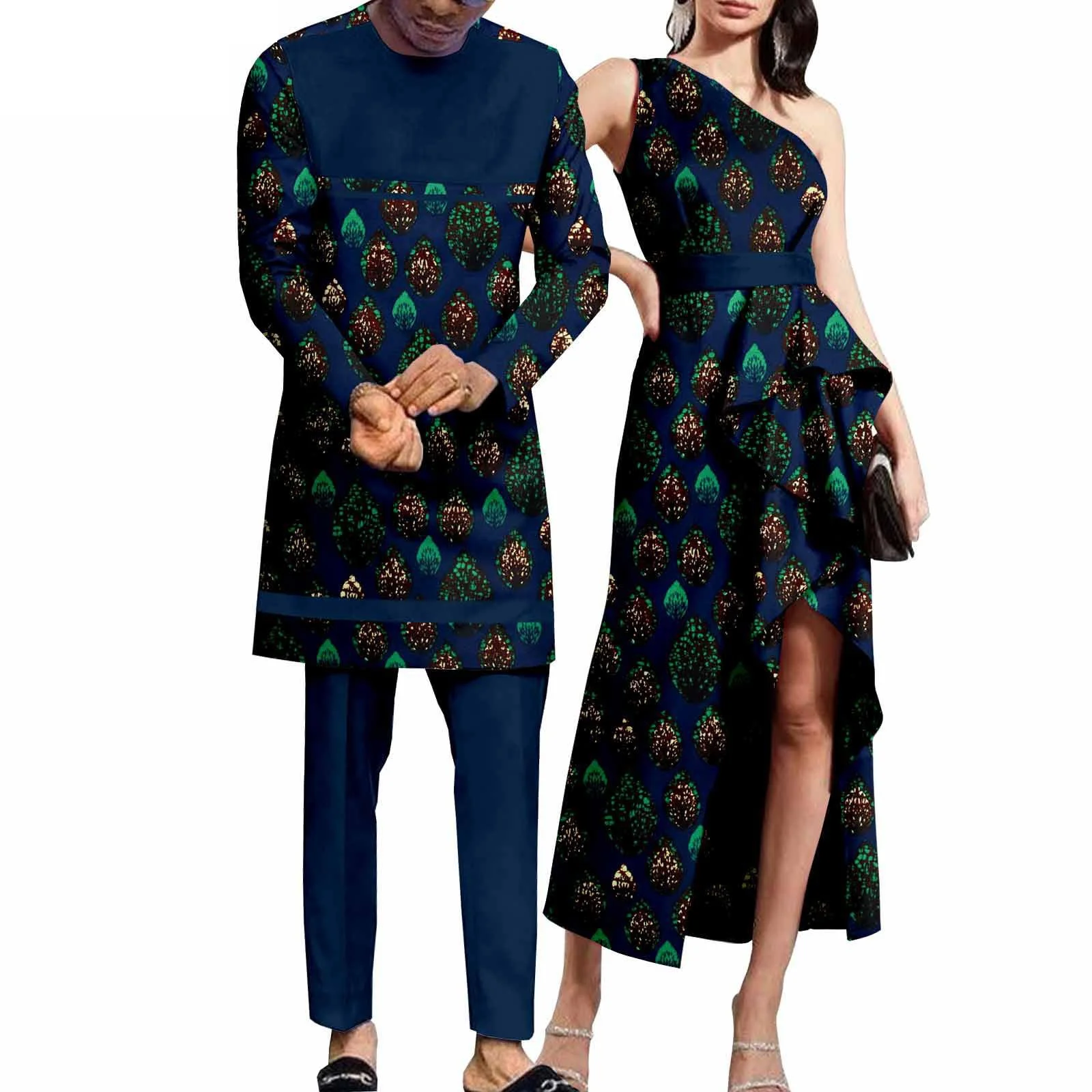 

African Couple Clothes for Men Robe 2pcs top & Pants Set Match Women Maxi Dresses Top and Mermaid Skirt Lover Party Wedding Wear