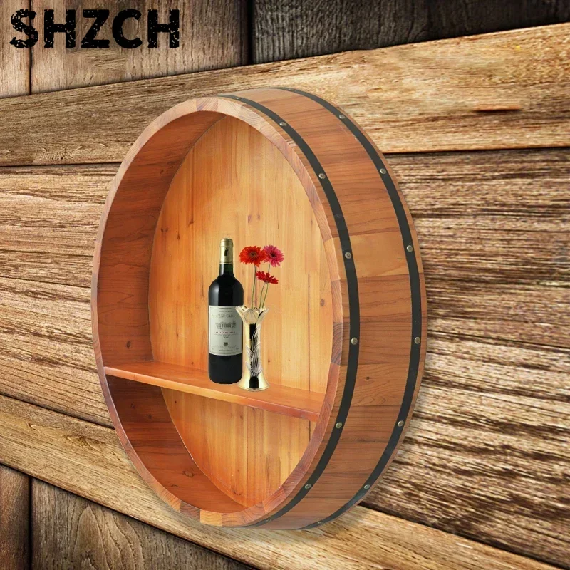 Solid Wood Wall-Mounted Half Barrel Wine Holder with Lid Rustic Oak Decor for Bars Wineries Red Wine Barrel Display