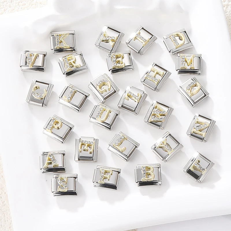 Gold Color 26 English A-Z Capital Letters Shiny Zircon Italian Charm Link Fit 9mm Stainless Steel Bracelet Women Men DIY Making