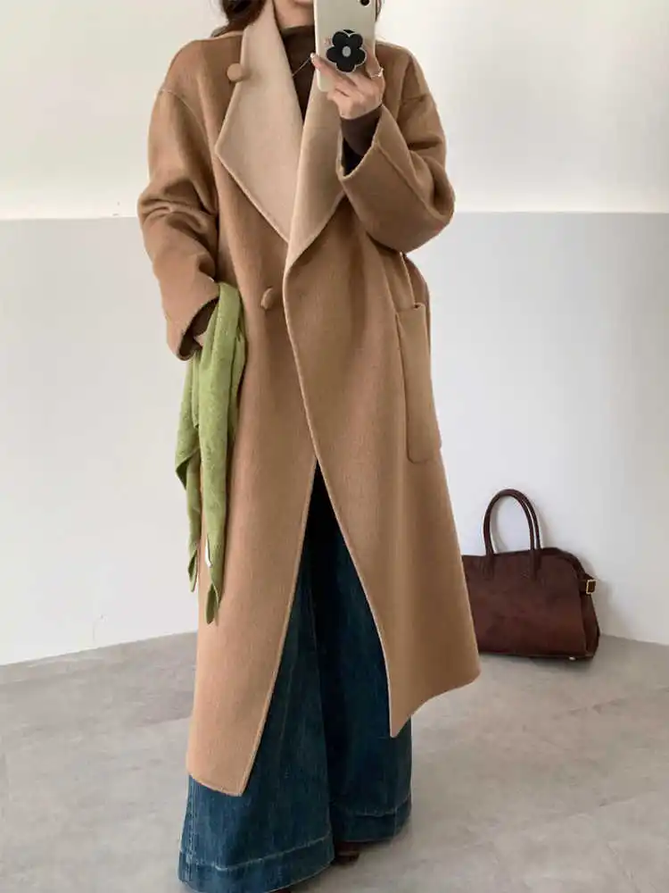 

Flip Collar Stand Up Cashmere Coat For Women In Autumn And Winter 2025 With Contrasting Color Design And Waistband Jacket