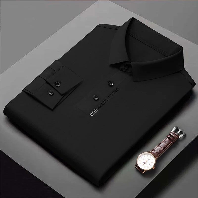 Luxury Quality Men\'s Polo Shirt 2023 Autumn New Lapel Top Print Traceless Long Sleeve British Fashion Trend T-shirt Men Clothing