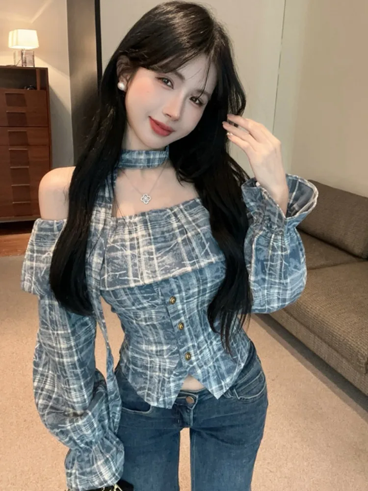 

Spring American Hot Girl Plaid Shirt Women's Short Top High Collar Bell Sleeve Standard Fit Knitted Long Sleeve Commute Style