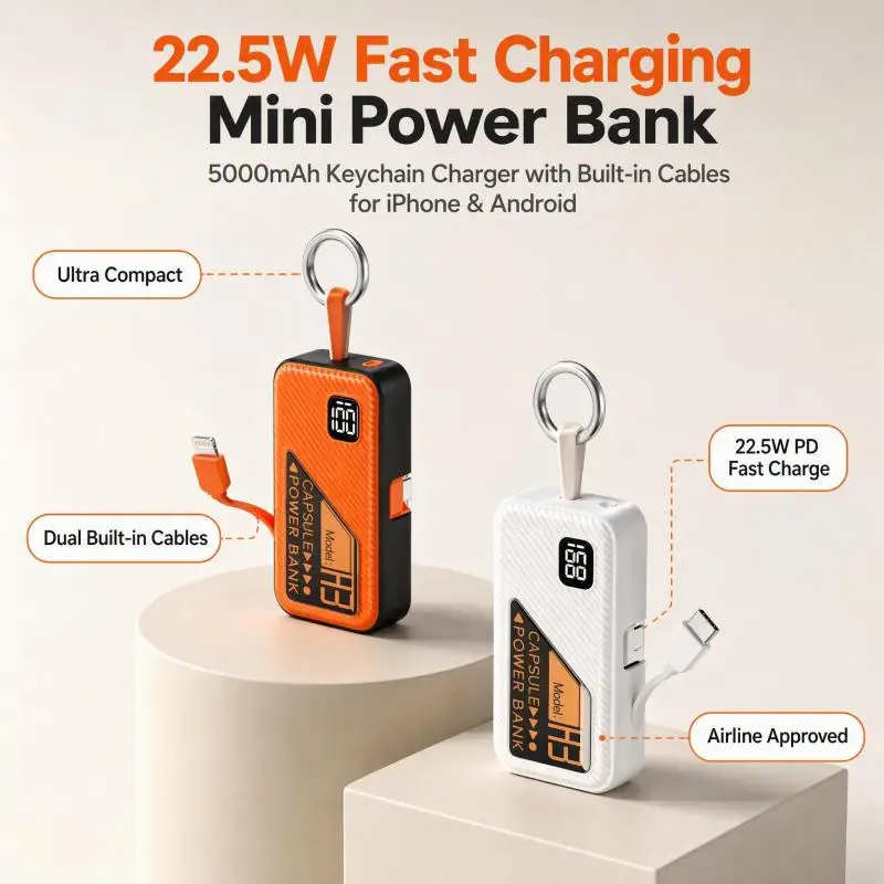 PD Fast Charging Power Bank 5000mAh Keychain Portable Phone Charger Built-in Type-C iOS Cable Digital Display Mini Powerbank