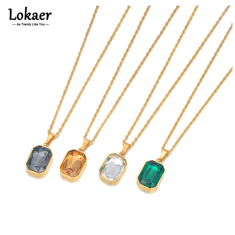 Lokaer Sparkling Stainless Steel Geometric Square Cubic Zirconia Crystal Pendant Necklace Jewelry For Women Free Shipping N23076