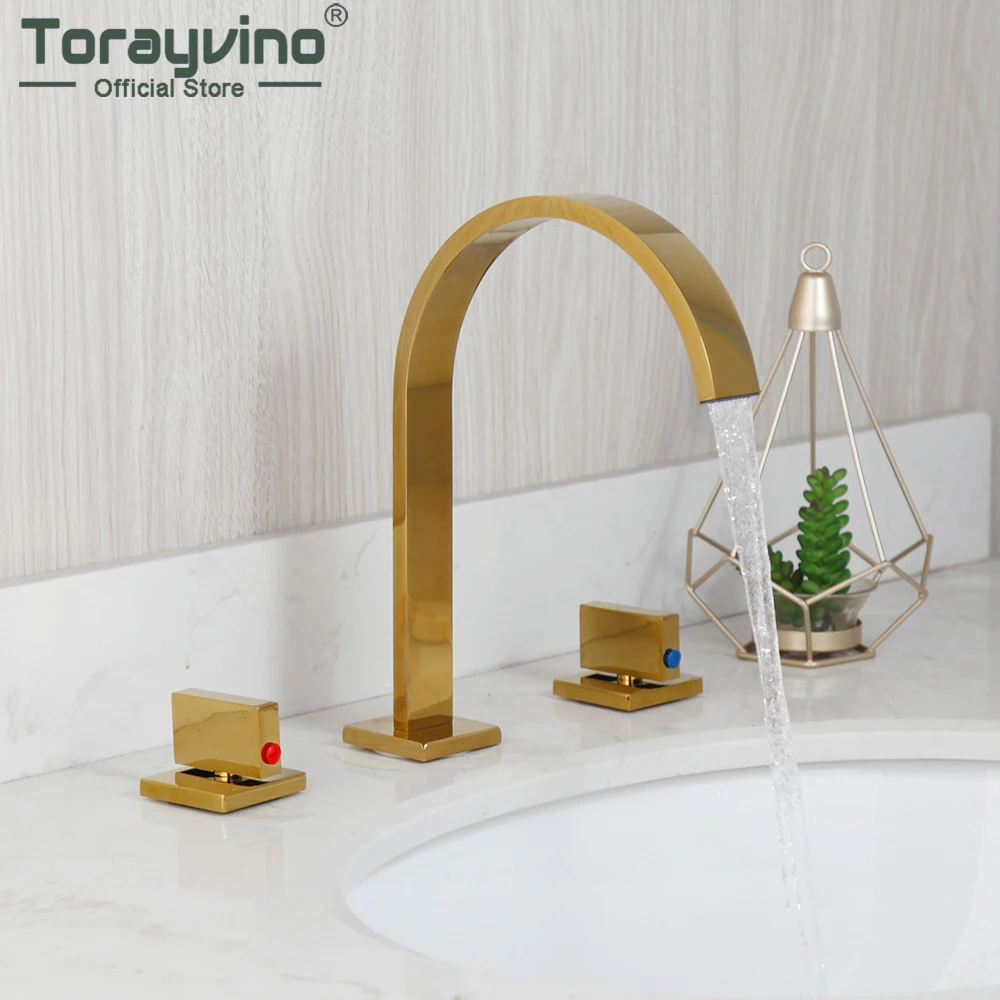 Torayvino 3 Pcs Gold Polished Bathroom Faucet Deck Mounted Basin Sink Bathtub Faucet Washbasin Hot And Cold Mixer Water Tap