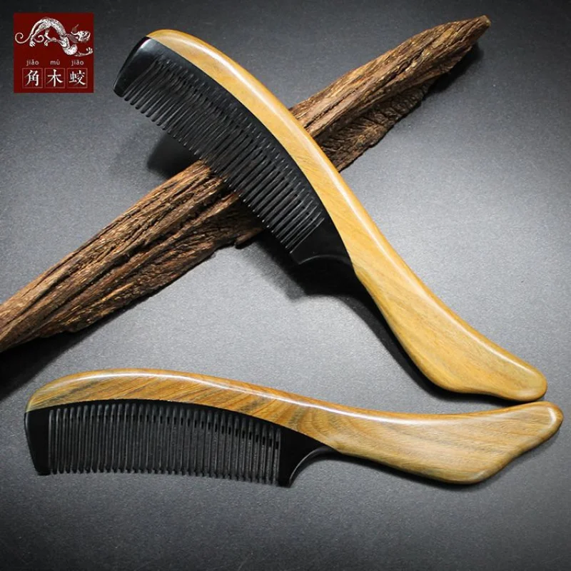 Green sandalwood comb with buffalo horn, sandalwood fishtail small comb for home use