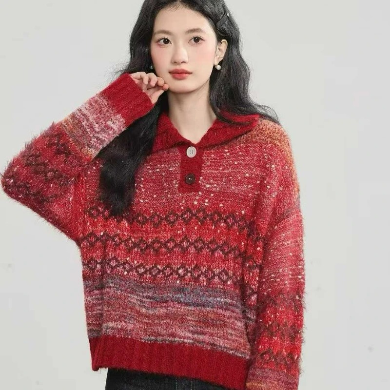 Purple Striped Lapel Unique Design Sense for Women 2026 Autumn Winter New Style Fashionable Laid-back Retro Knitted Pullover