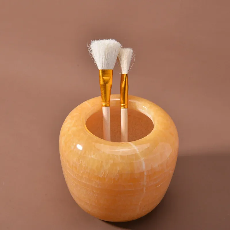 Natural Round Jade Stone Candle Holder Hollow Carved Orange Decorative Jar Luxury Home Ornament for Living Room Table