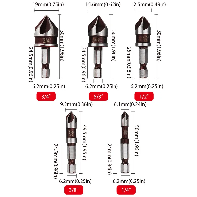 Five Blade Chamfering Set Hard High Carbon Steel Hexagonal Shank Drill Bit Household Practical Woodworking Drilling Tools