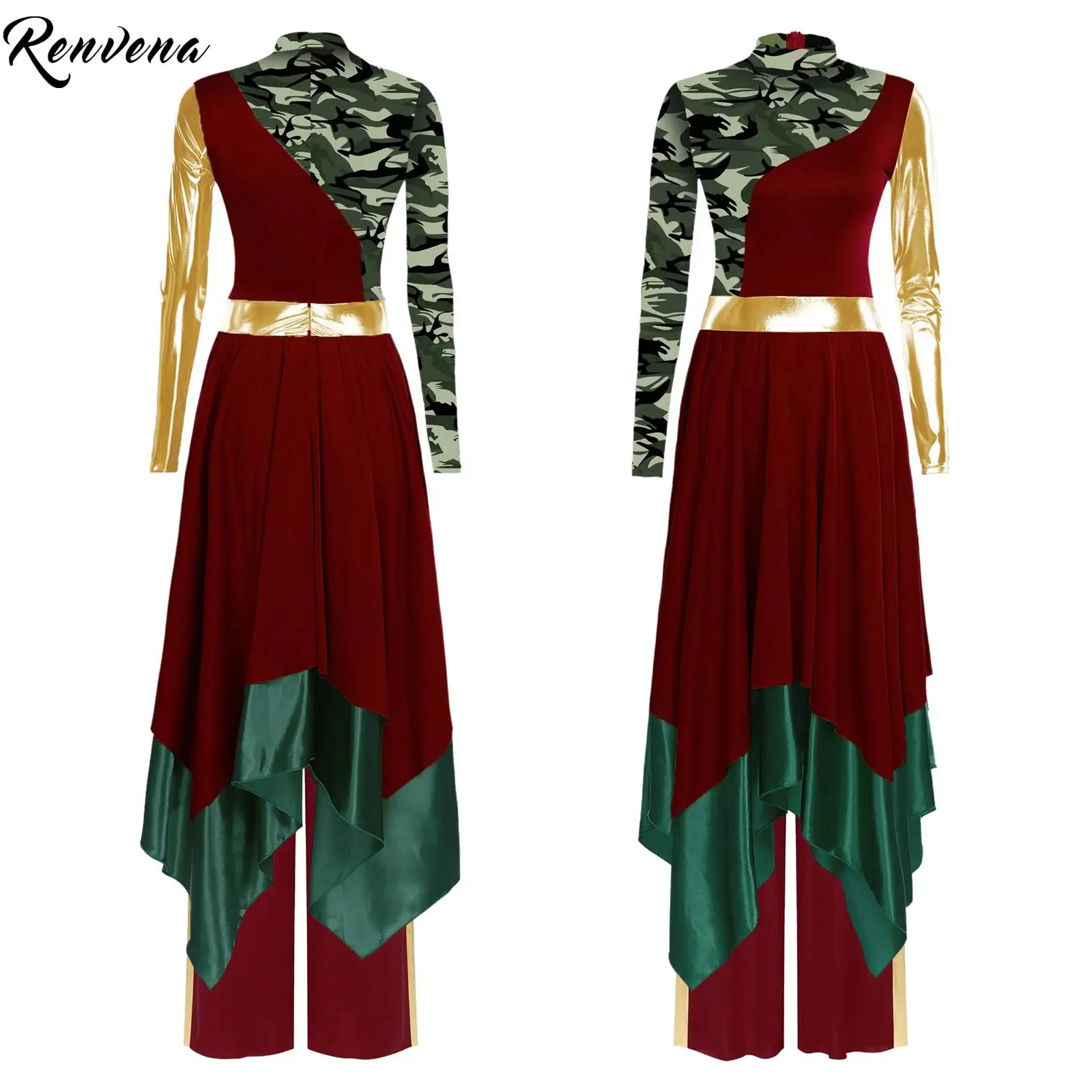 Dames liturgische lofdansjurk met lange mouwen, onregelmatige zoom, bedrukte jurk met wijde pijpen, kerklyrische podiumdanskleding