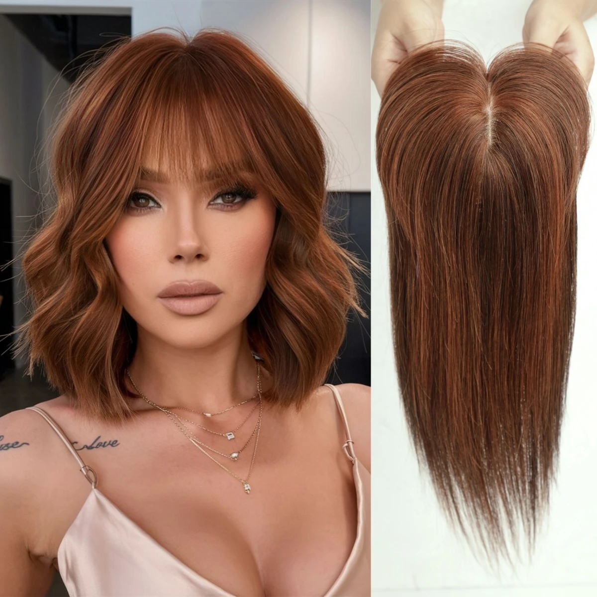 Auburn 14 Inch Silk Base Human Hair Topper 100% Remy Human Hair Topper Clip in Hairpiece for Women Thin Skin Top Hair Extensions
