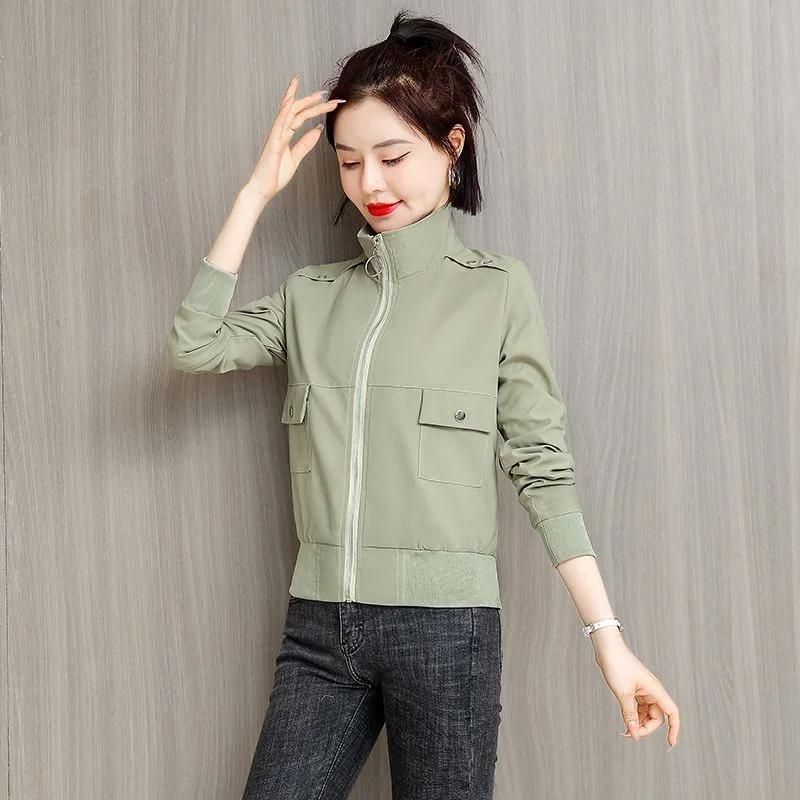 

Весенне-осенние новые модные повседневные женские однотонные универсальные куртки с длинными рукавами и воротником-стойкой на молнии