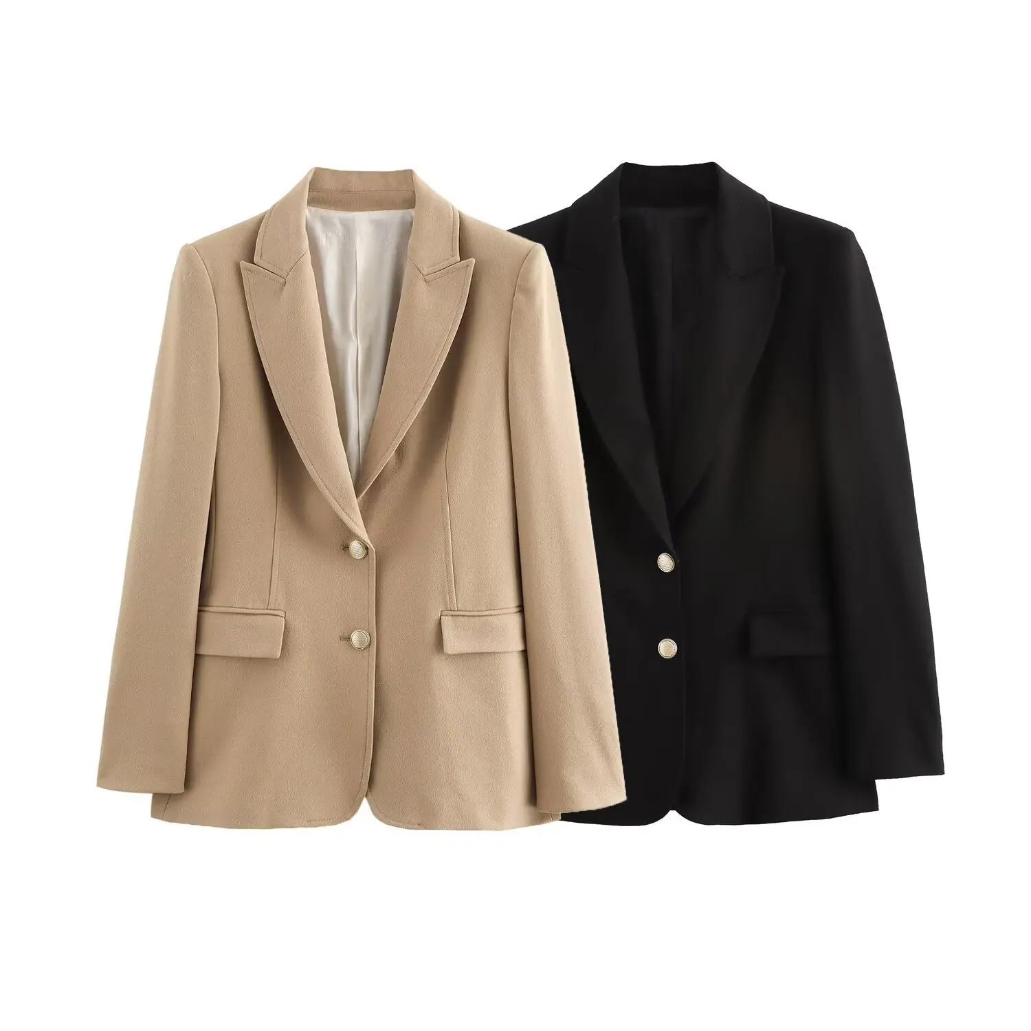 

Slimming Effect Metal Button Flip Collar Suit Jacket For Women Transoceanic Style Fashionable Casual Outerwear