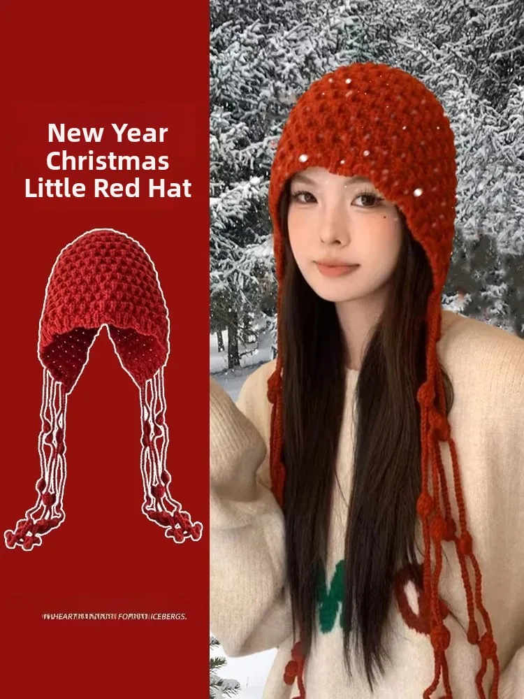 Adorable Red Knitted Hat for Women Winter Street Style Sweet Cute Fashionable All-Match Warmth Cap Suitable for Shopping