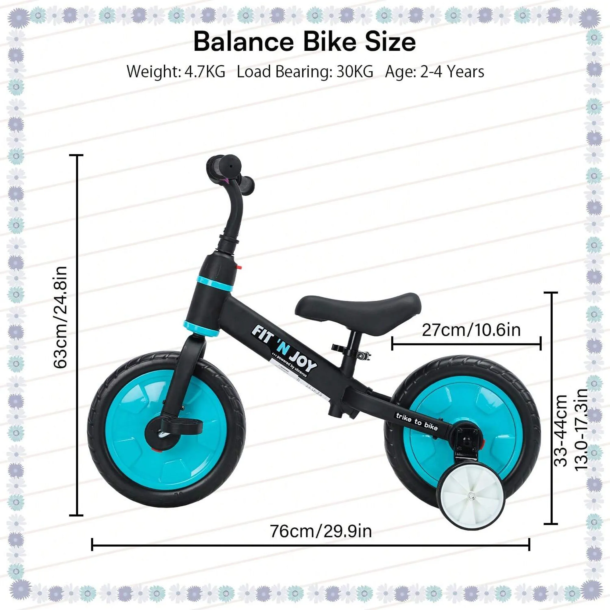 UBRAVOO Fit 'n Joy Beginner Toddler Training Bicycle for Boys Girls 2-4, 4-in-1 Kids Balance Bike with Pedals & Training Wheels