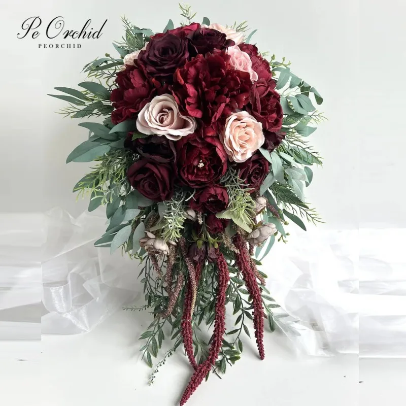 

PEORCHID Burgundy Cascading Wedding Bouquet Dusty Pink Artificial Eucalyptus Peony Flowers Boho Beach Bridal Trailing Bouquet