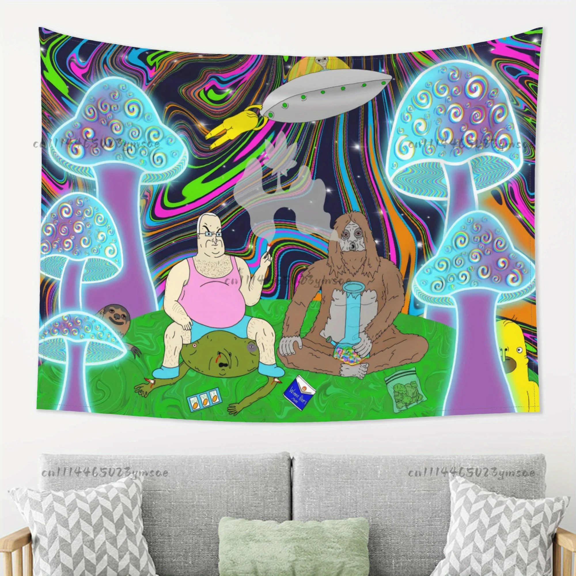 Funny Flags Tapestry Fantasy Mushroom Forest Cartoon Wall Tapestries Humorous Home Decor Bedroom Background Cloth Wall Art Decor