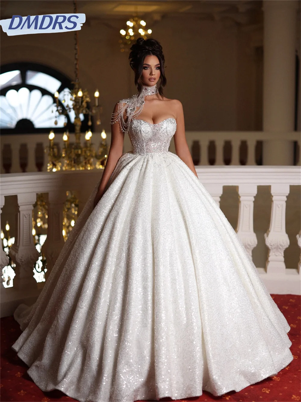 Charming Sweetheart Neck Bridal Gown Elegant Beaded Wedding Dress Charming One Shoulder Sleeve Floor Length Gown Vestido De