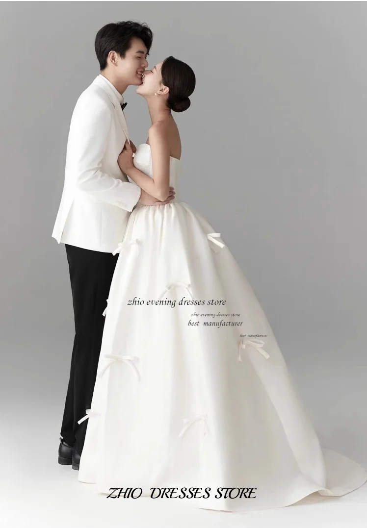 ZHIO Elegant Off-shoulder Korea Wedding Dresses Photo Shoot Customized Pleats Satin A Line Bow Ribbons Bridal Gown