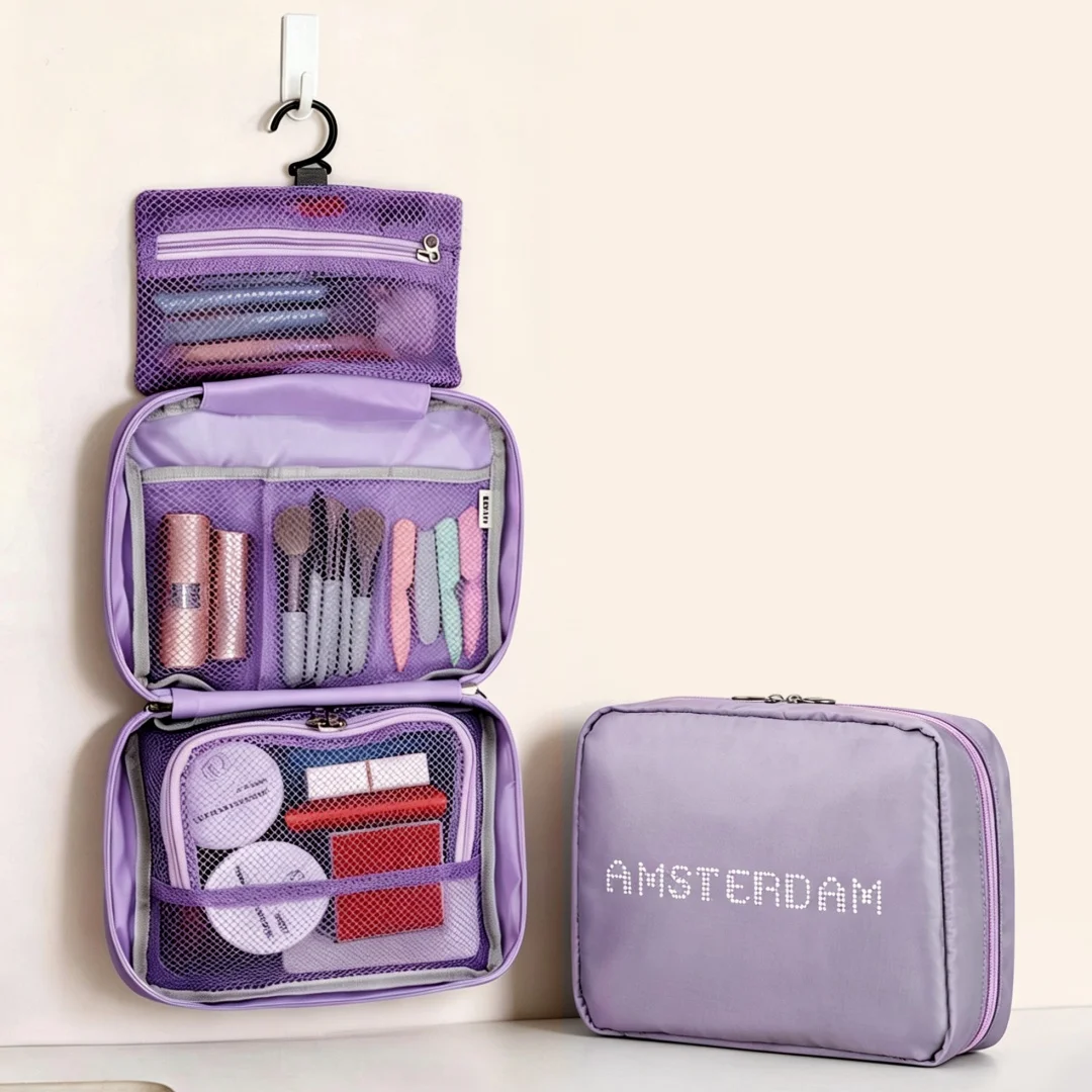 Women's Hanging Travel Toiletry Bag, Large Capacity Waterproof Cosmetic Storage Bag with Metal Hook, Foldable Multi-Compartment Makeup and Bath Bag, Portable Travel Essentials Bathroom Shower Bag, Amsterdam Letter Prin
