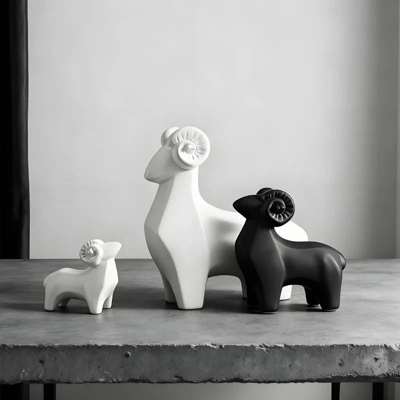Modern simple black and white ceramic sheep ornament Sanyang Kaitai animal ornament creative handicraft soft decoration