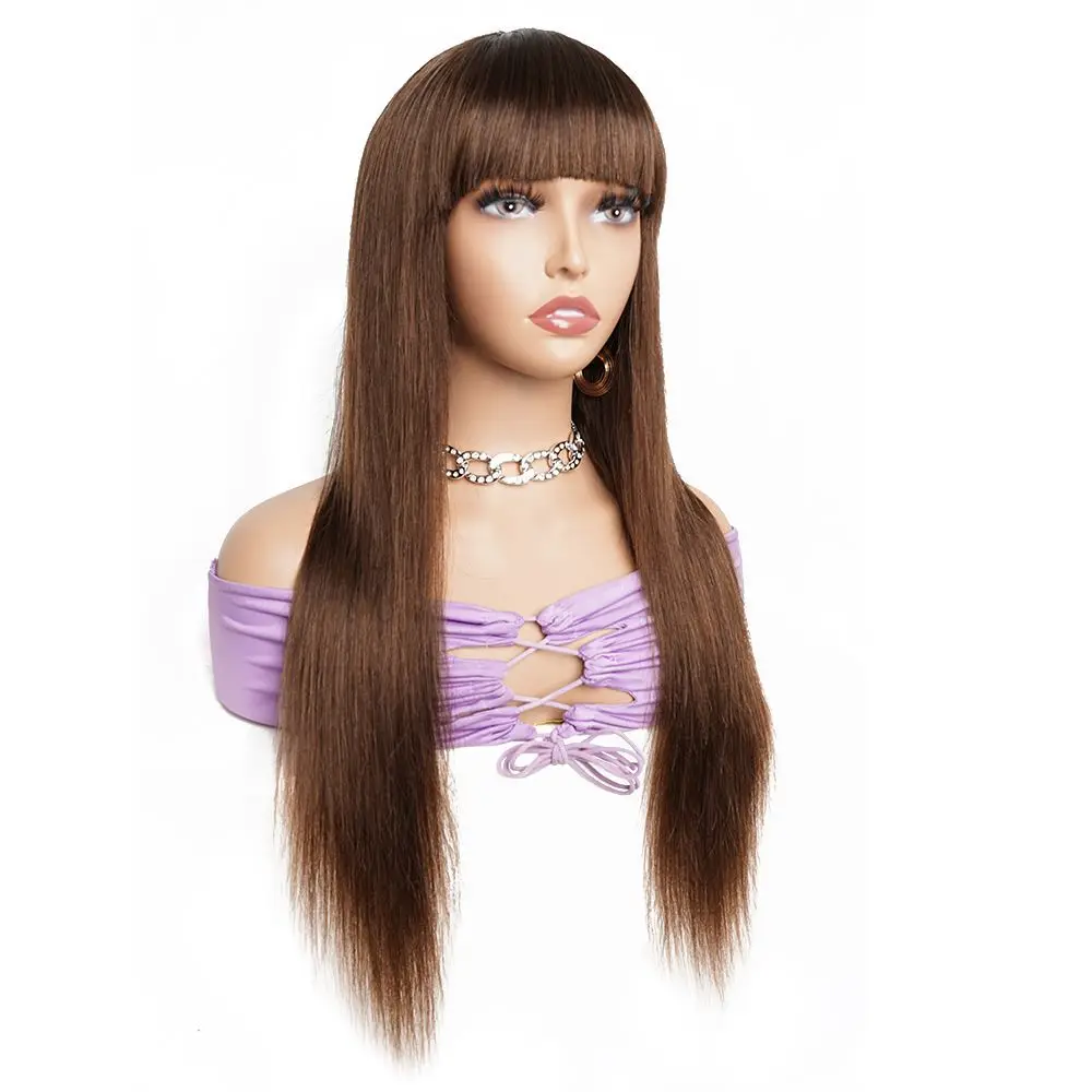 #2 Brown Color Vietnamese Human Hair Wig with Bangs Full Machine Made Fringe Wig Free Shipping Glueless Straight Human Hair Wigs