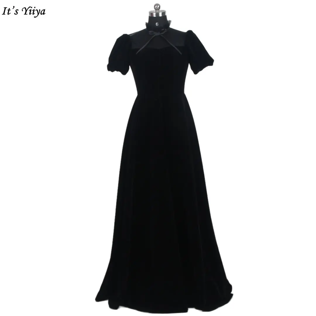 

It's Yiiya Evening Dress High Neck Floor-Length Short Sleeves A-Line Lace Up Black Velour Party Formal Dresses Woman B1483