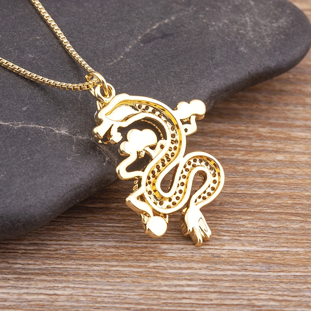 Nidin Mascot Dragon Pendant Jewelry Micro Pave Zircon Necklaces  Women Men Gold Color Long Chain Ornaments Lucky Symbol Gifts