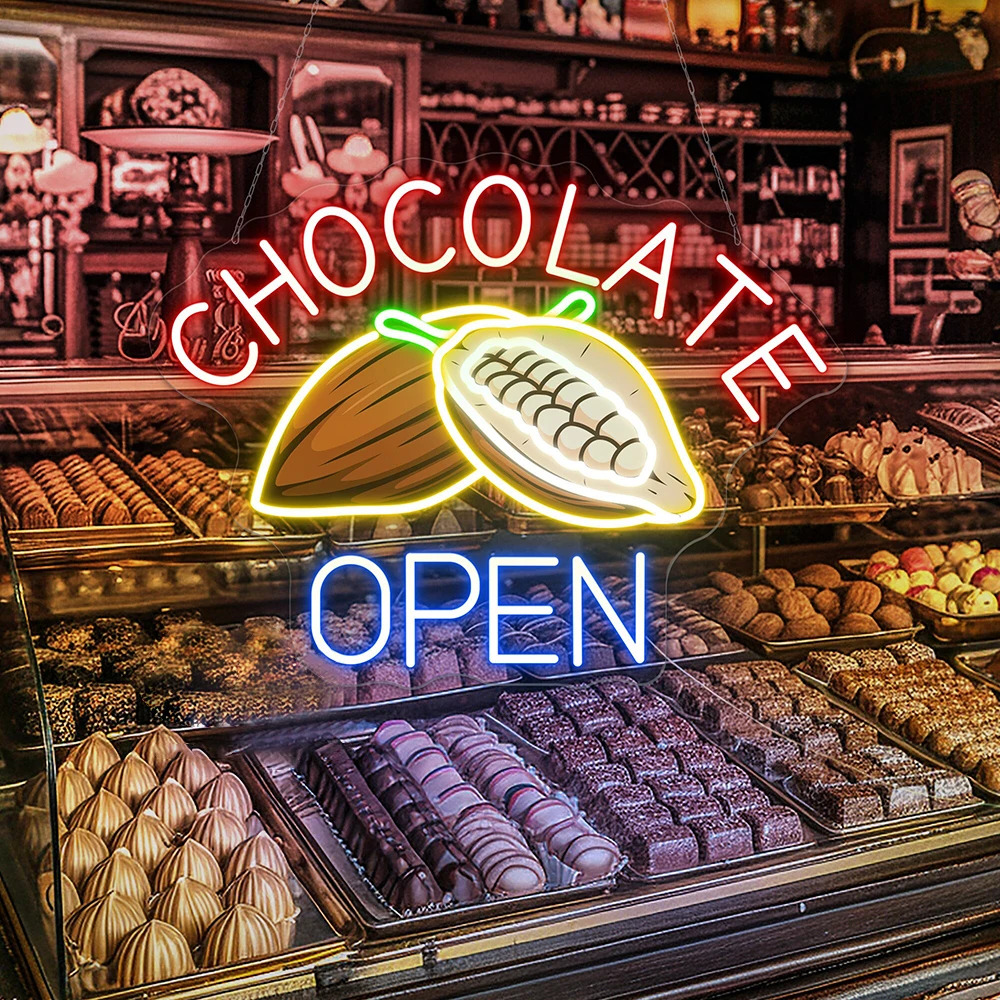 Chocolate Open Neon Sign Custom Chocolate Shop Open Outdoor Decor Neon Sign for Sweet Bakery Storefront Hangings LED Neon Light
