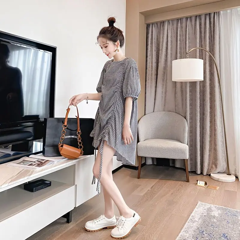 Vintage Striped Drawstring Blouse Summer New Short Sleeve Asymmetrical Lacing Loose Trend Shirt Tops Fashion Trend Women Clothes