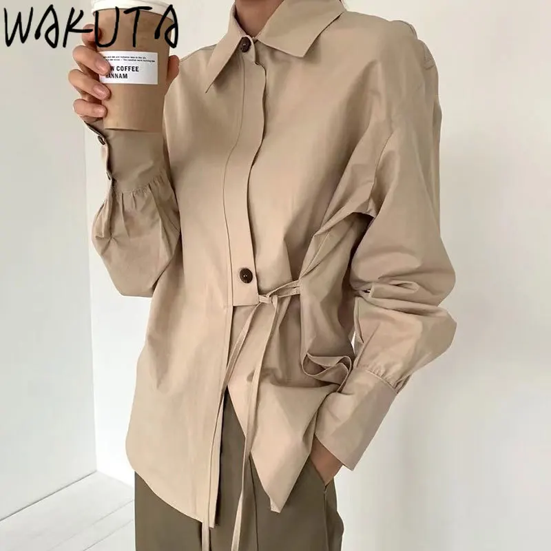 WAKUTA New Fall Side Lace Up Women Shirts Women 2024 Korean Style Casual Double Buttons Long Sleeve Solid Ladies Tops Elegant