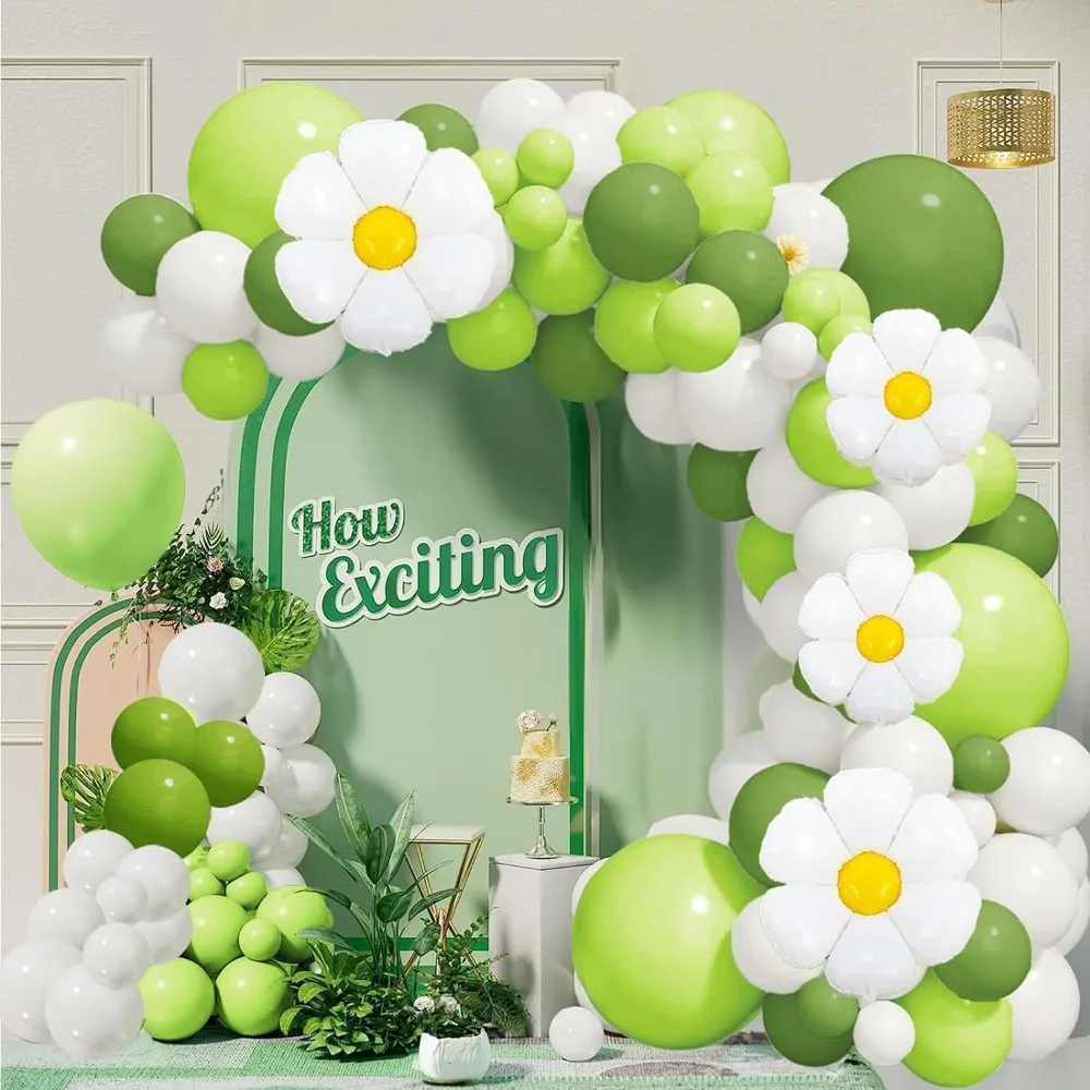 139pcs Green and White Daisy Balloon Set Suitable for Themed Birthday, Wedding, Engagement, Party, and Anniversary Decorations