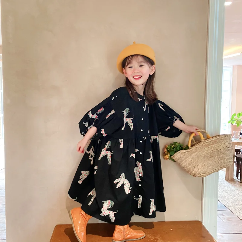 Kids Color Horse Print Dress Spring Fall Children Clothes Toddlers Baby Girls Cotton Loose Dresses Fashion Princess Casual Dress