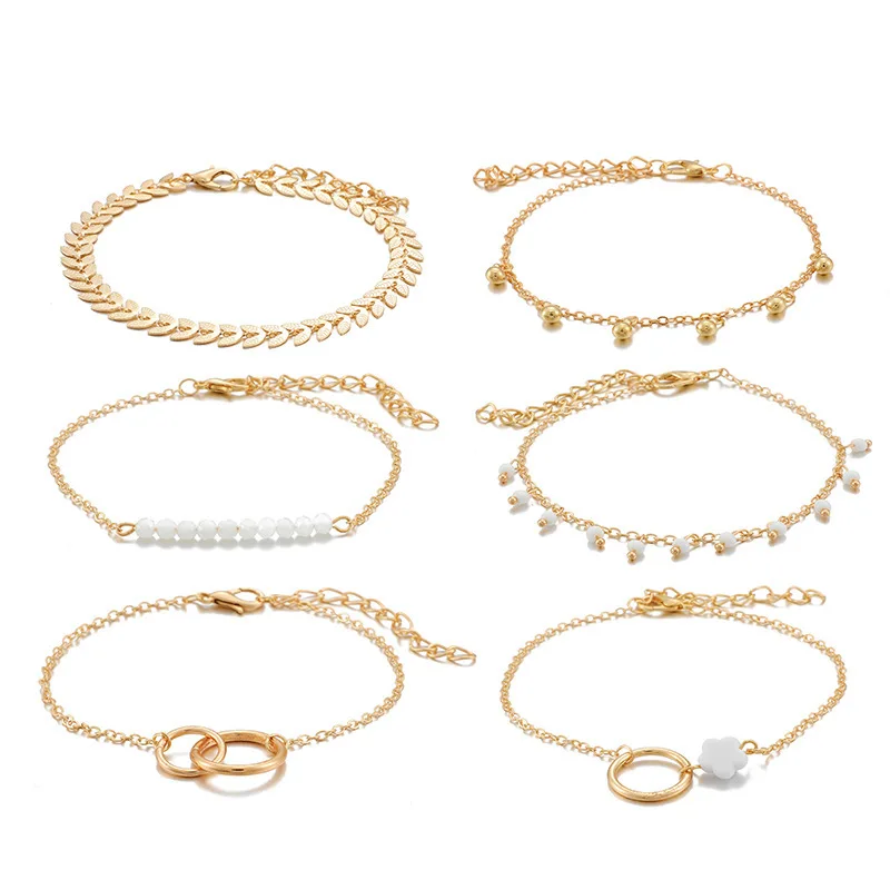 6 Piece Set Gold color Geometric Bracelet Flower Tassel Leaf Circle Bracelets For Women Bracelets & Bangles Jewelry Set 1CF3 - view 5