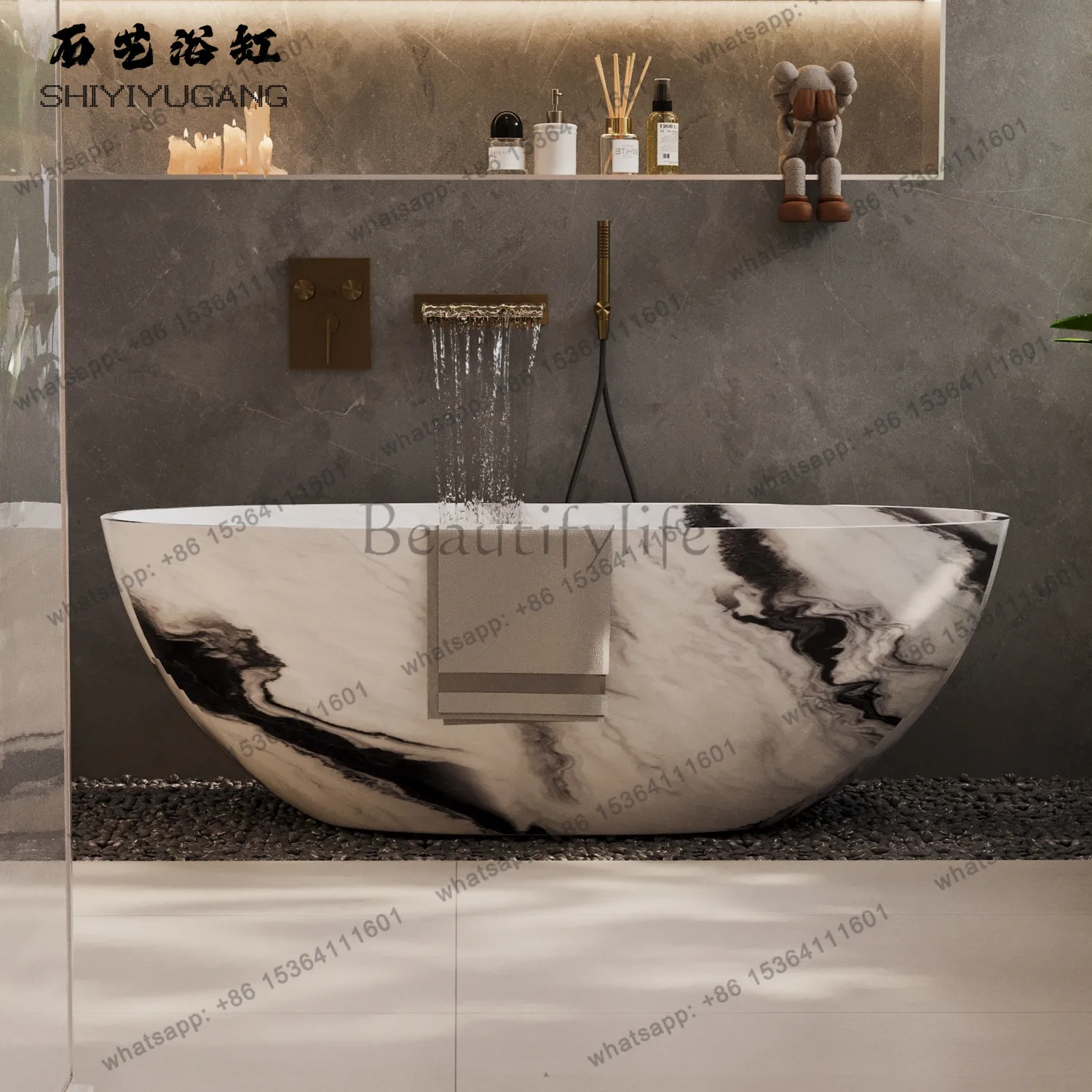 Panda White Freestanding Artificial Stone Oval Bathtub B & B Hotel Household Deep Soaking Bathtub