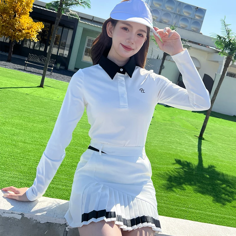 Women Golf Outfits Spring Fall Long Sleeve Slim Tops Breathable Sports Jersey Polo Shirt Ladies Fashion Pleated Skirt Golf Skort