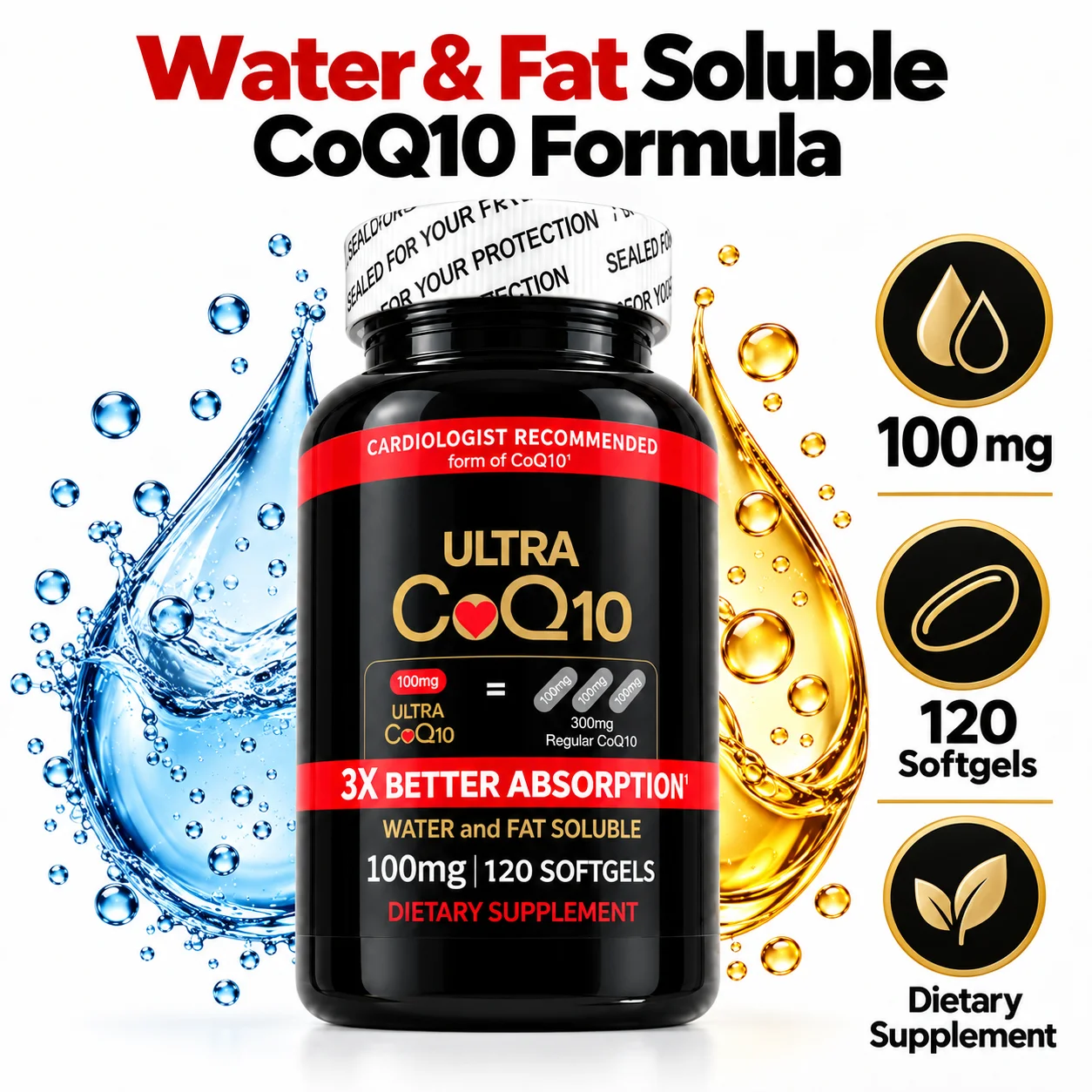 Ultra CoQ10 100mg 120 Softgels Advanced Water and Fat Soluble Dietary Supplement for Daily Energy and Cellular Wellness Support