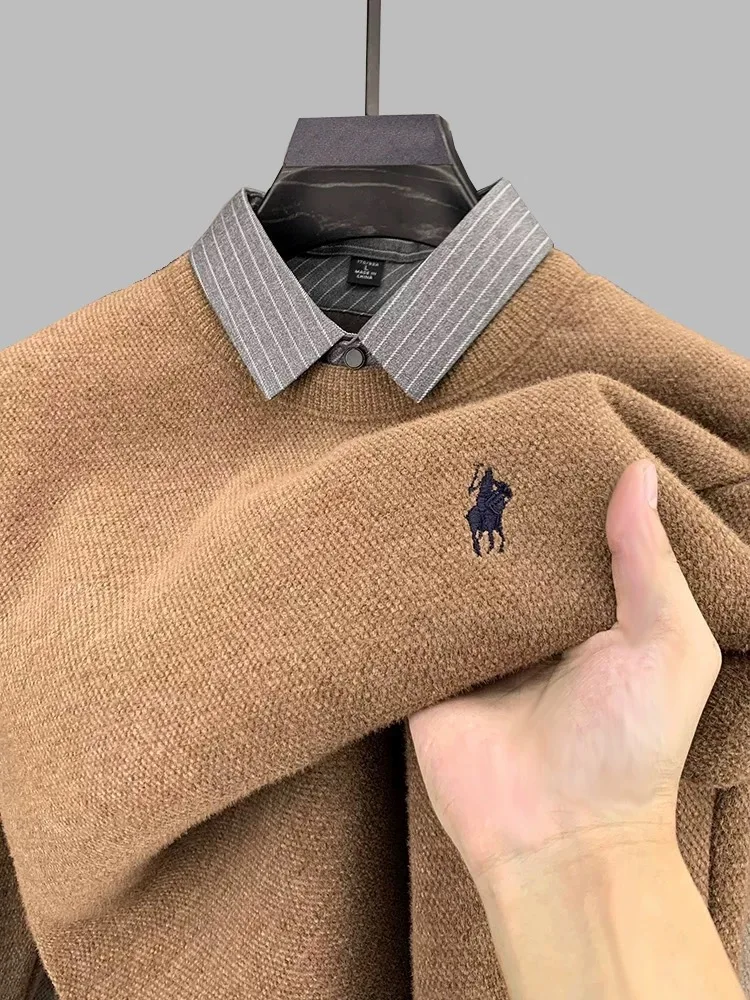 شخصية وهمية قطعتين الرجال محبوك سترة فاخرة مصمم العلامة التجارية بول المهر التطريز الأزياء مخطط قميص طوق السترة