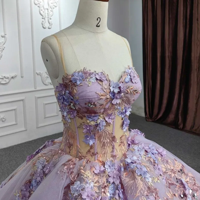 Lilac Lavender Princess Shiny Quinceanera Dresses Off Shoulder 3D Applique Floral Beaded Lace-up Corset Prom Meninas de 15 anos