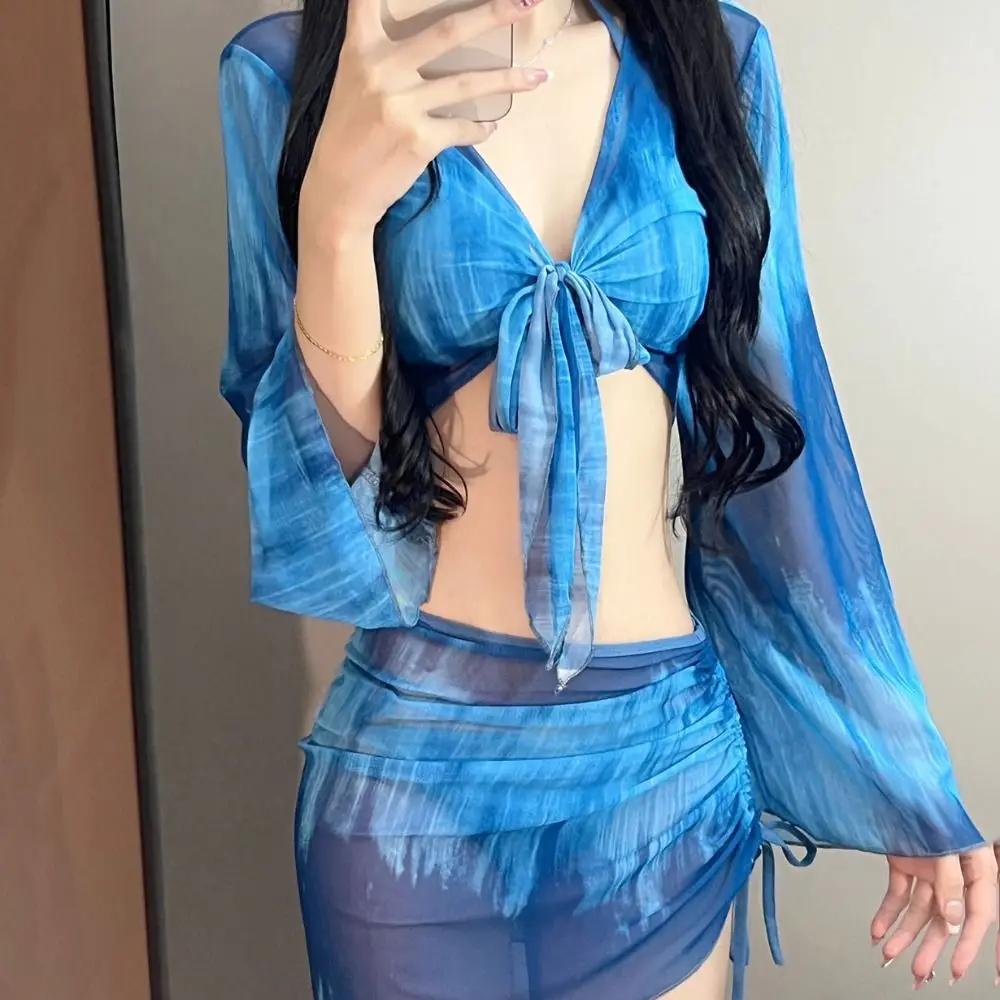 

Casual Style Tie Dye Bikini Set Mesh Long Sleeve 4 Piece Set Bathing Suit Pleated Skirt Side Ruched Swimwear Set Summer Wear