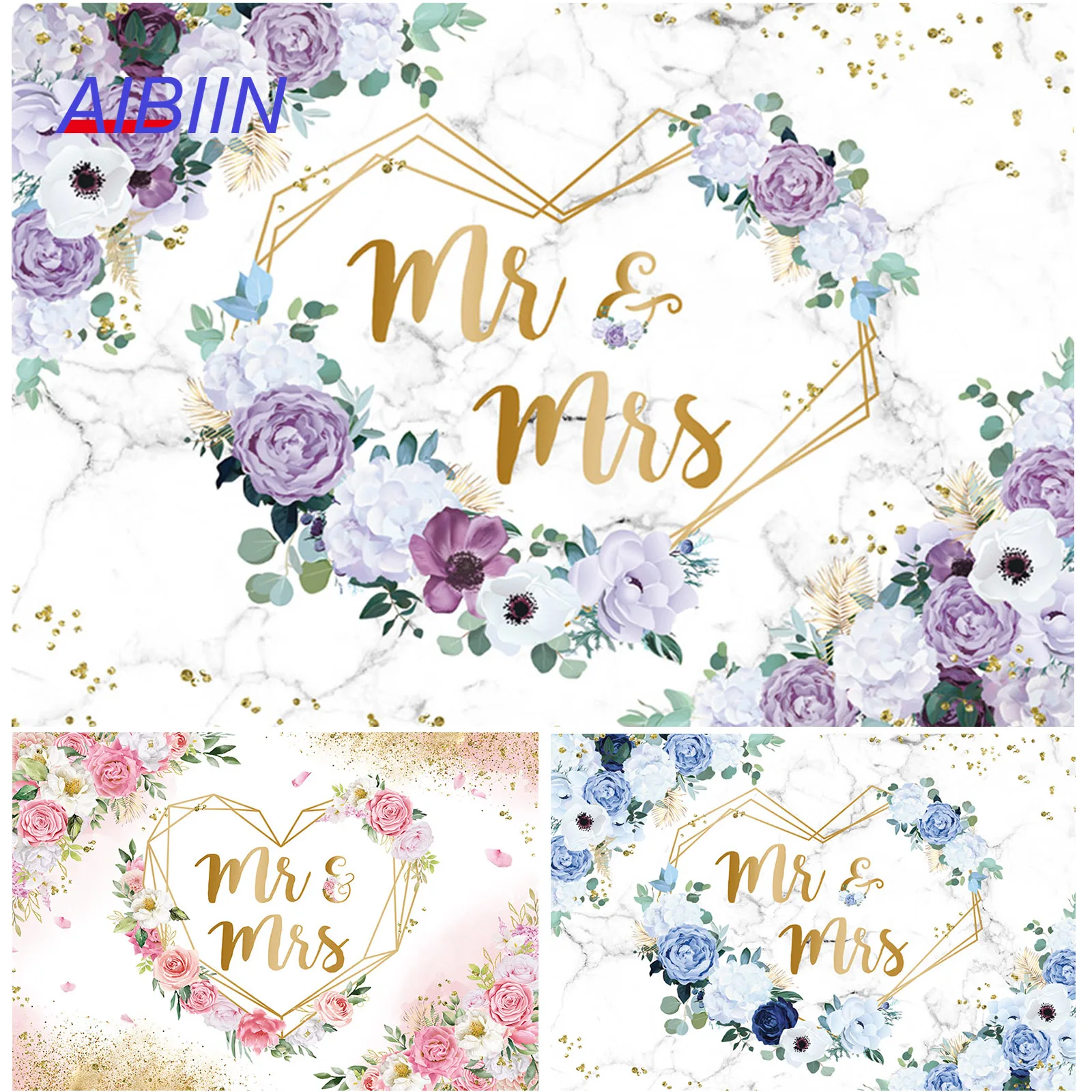 

Miss to Mrs Floral Backdrop for Bridal Shower Violet Flowers Photography Background Gold Hearts Couple Wedding Party Decor