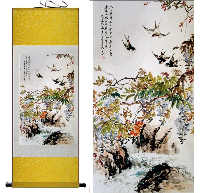 Spring   painting   Home Office Decoration Chinese scroll painting  birds and tree painting swallow paintingPrinted painting