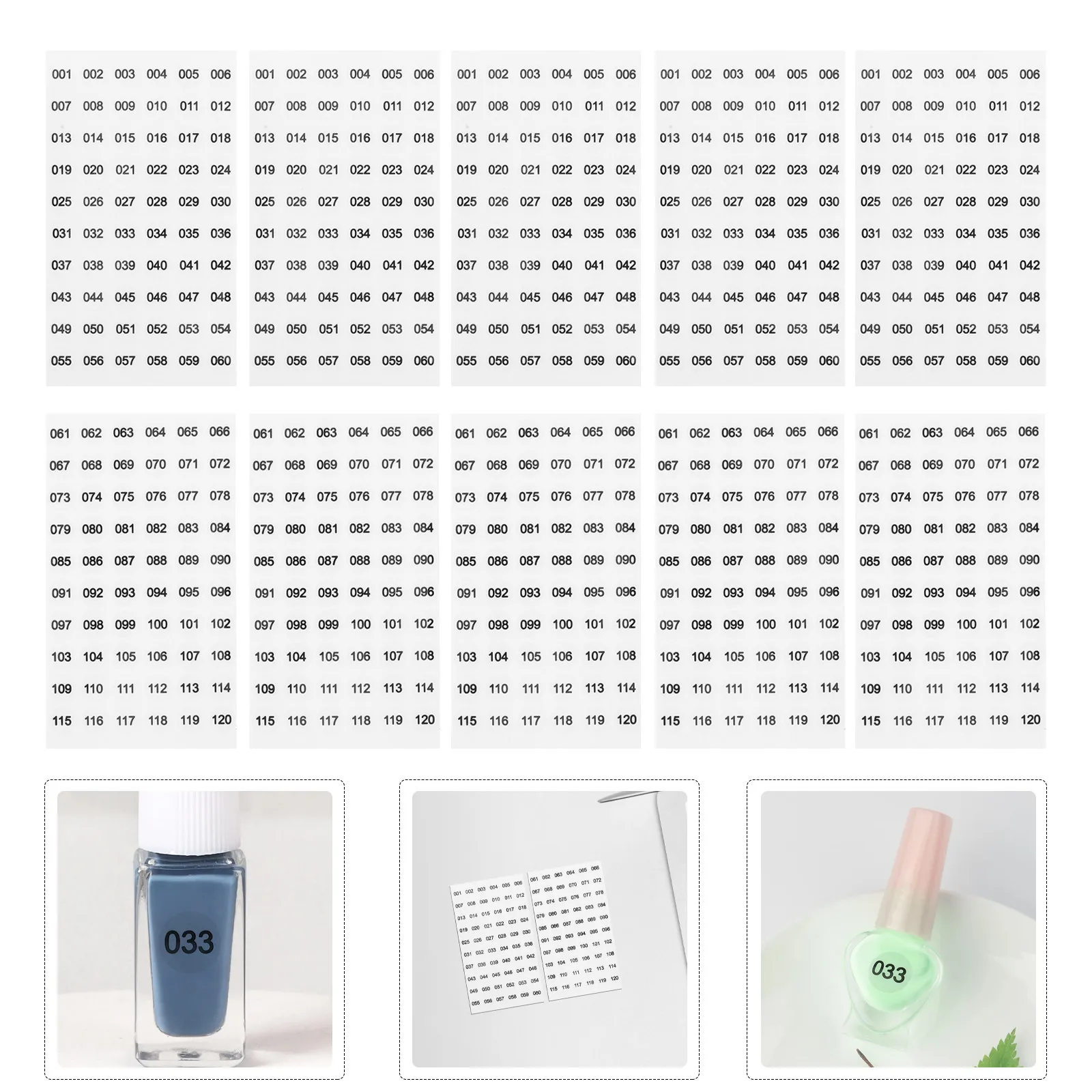 

10 Sheets Self Adhesive Number Stickers 001-120 Mini Numbered Labels for Nail Polish Bottles Organizing Inventory Sorting Label