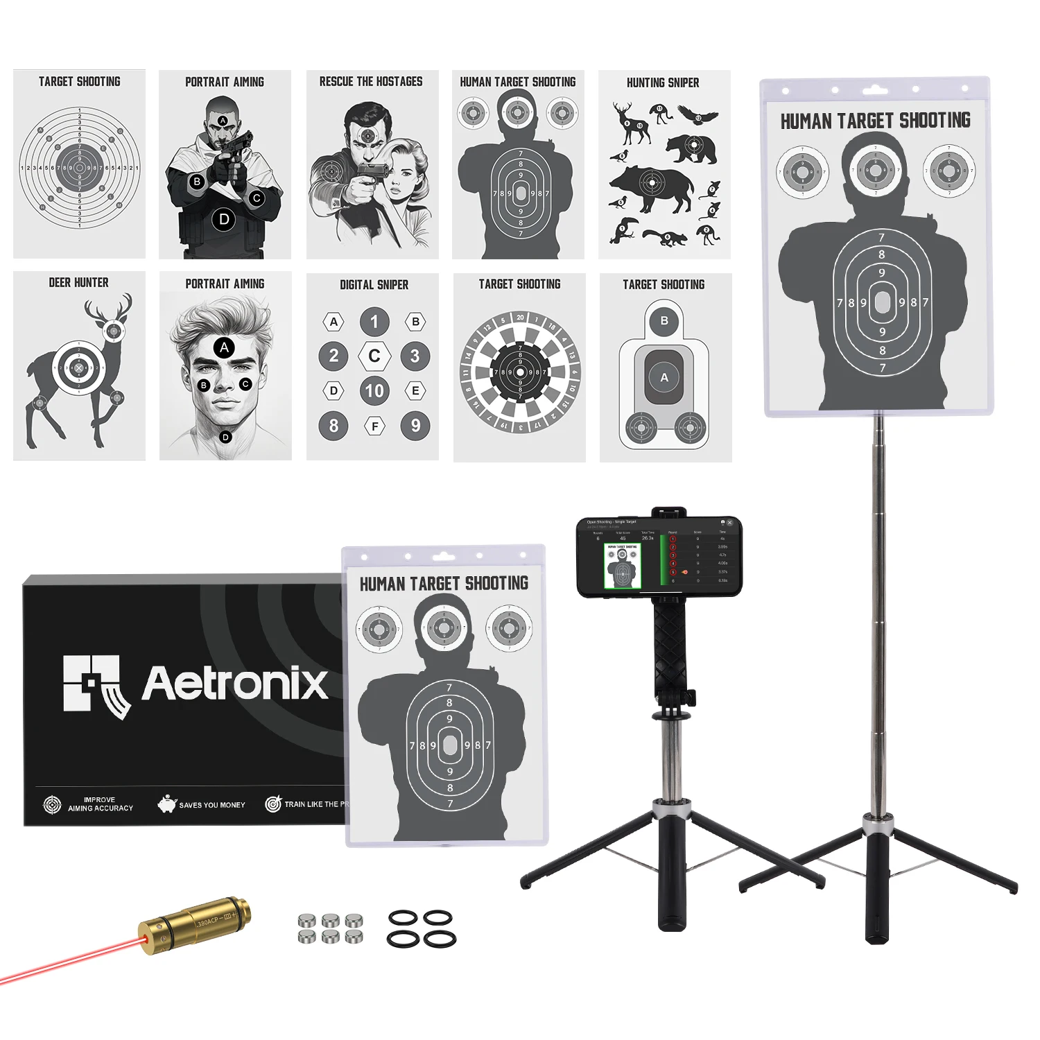 

. 380ACP Short Red Dot Laser Trainer with Phone Stand and Electronic Target Stand for Shooting Practice
