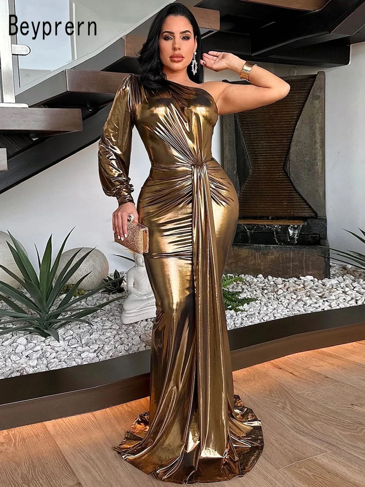 Beyprern Women's Singles Shoulder Metallic Long Maxi Dress Glam Shiny Metallic Dress Night Clubwear Celebrities Outfits Clubwear