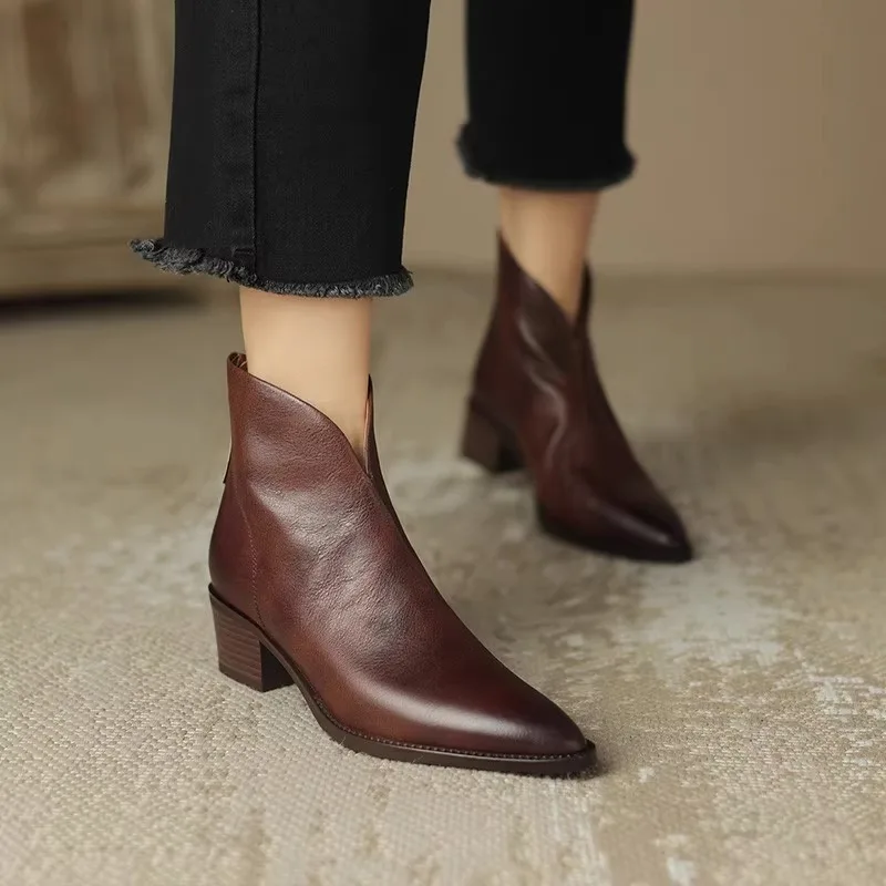 Retro Women's Boots 2025 Spring and Autumn Single Boots Women's Middle Heel Pointed Coarse Heel Short Boots and Ankle Boots