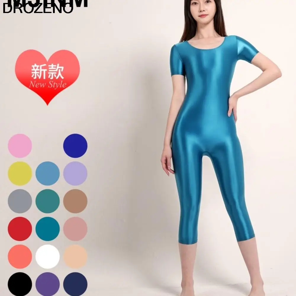 Silky Stretch Glossy Tights Body Shaping Bodybuilding Sports Jumpsuit Women's Short-Sleeved Cropped Pants lolita swimsuit