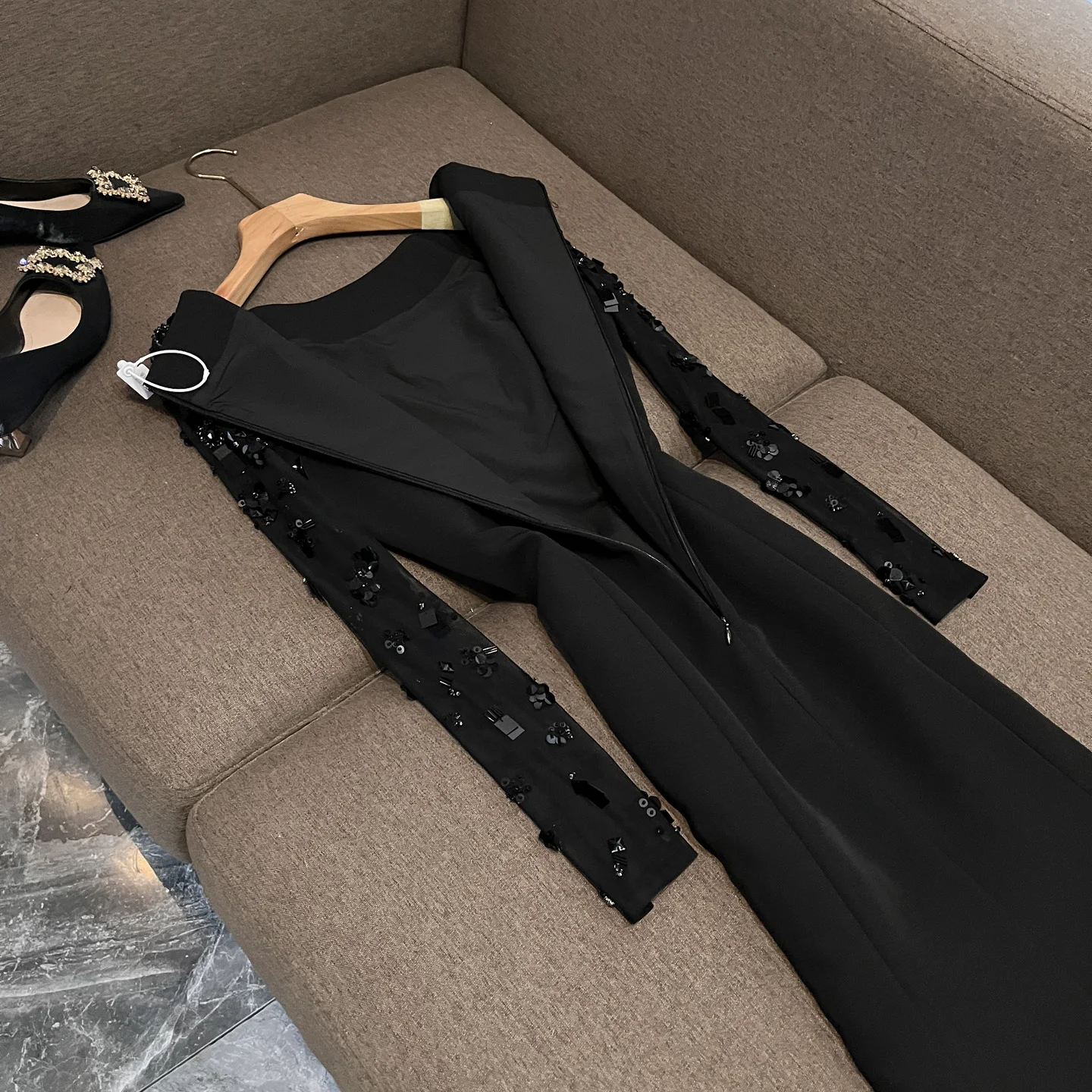 Winter 2025 Nieuwe Sle Dames Zware Verfraaid Beige Tule Gesplitste Avond Dr Lange Rok Jaar Conferentie X22 Midi Dr