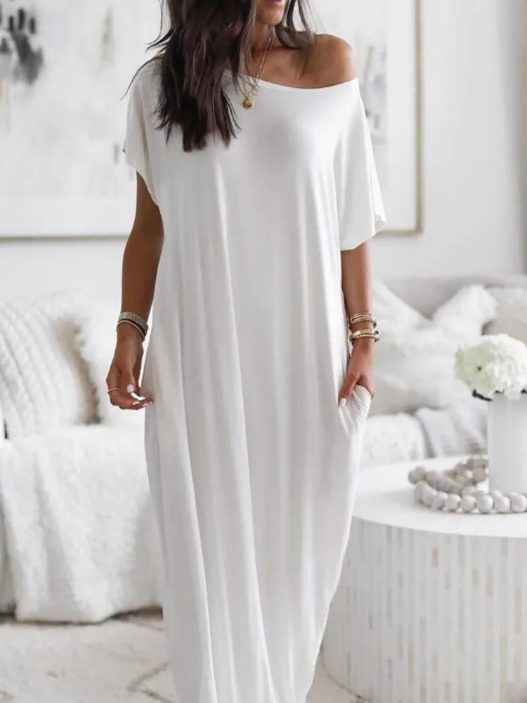 

Solid Color Casual Loose Short Sleeve Slant Neck Dress 2026 Summer Women's Elegant Fashion Simple Women's Beach Vacation Dress